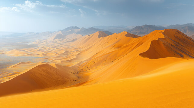 Panoramic view of sand dunes in desert landscape under cloudy sky.