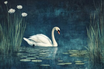 Obraz premium A swan in its natural habitat, surrounded by lily pads and tall grasses along the lake edge