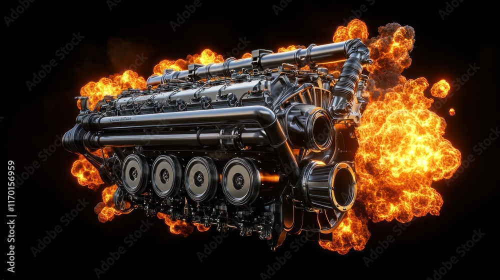 Poster a detailed depiction of a powerful engine with flames, showcasing mechanical design and energy.