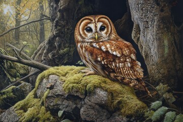 A Tawny Owl on a mossy rock, its feathers blending harmoniously with the earthy surroundings