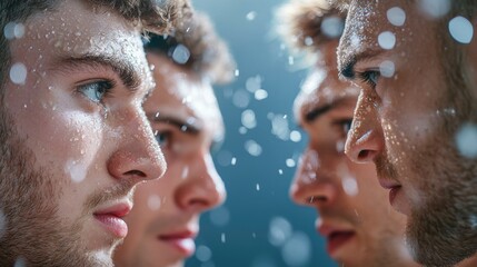 A team of basketball players huddling up during a timeout, listening intently to their coach instructions, with sweat dripping from their foreheads.