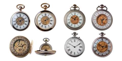 Vintage Pocket Watches Collection on Transparent Background