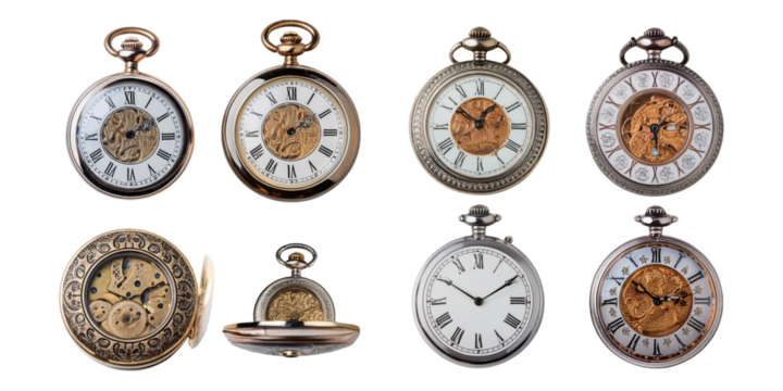 Vintage Pocket Watches Collection on Transparent Background