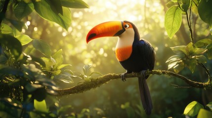 Obraz premium A Toco Toucan perched on a branch in the vibrant rainforest canopy, sunlight streaming through the lush greenery