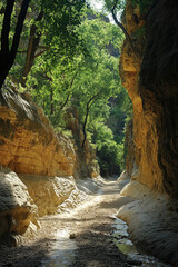 Obraz premium Serene narrow canyon surrounded by lush greenery in the afternoon sunlight