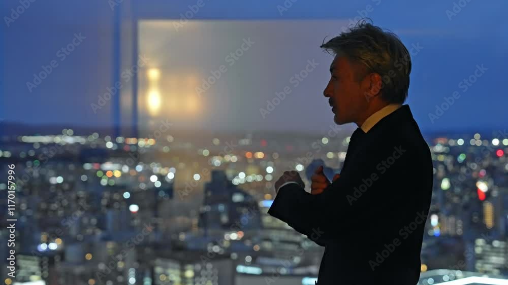 Poster ビジネス、経営者、社長、夜景、考える、マネジメント、ビジネスパーソン、ビジネスマン、社会、都市、オフィス、ラウンジ、ロビー、疑問、問題、トラブル、課題、経営、エグゼクティブ、暗い、シリアス、企業、会社、将来、展望、未来、都会、日本人、男性、コピースペース、シニア、中高年、不安、心配、不満、経済、金融、投資家、人材、人手不足、事業承継、挫折、がっかり、残念、落ち込む、悩む、悩み、困る、疲労、人物