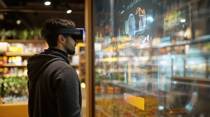 Augmented reality shopping experience where users see holographic product displays overlaid in a real-world retail space
