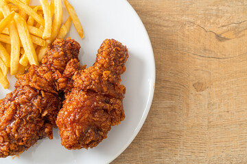 spicy Korean fried chicken with fries