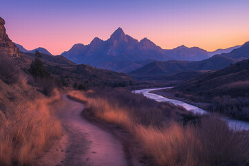 Scenic mountain landscape at twilight with winding river and grassy path in the foreground