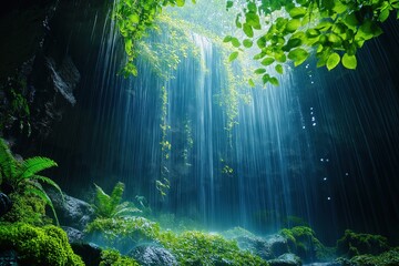 Obraz premium Majestic waterfall cascading into lush green forest with vibrant foliage and serene atmosphere