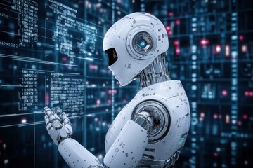 Autonomous AI decision-making visualized with a humanoid robot evaluating ethical dilemmas via holographic displays