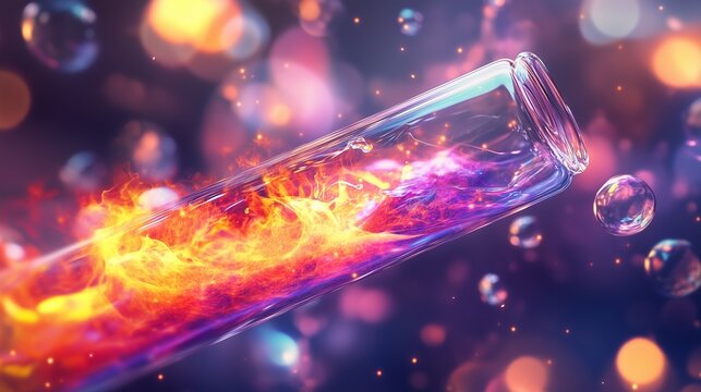 A bubbling reaction in a test tube, glowing with heat and releasing vivid gases.