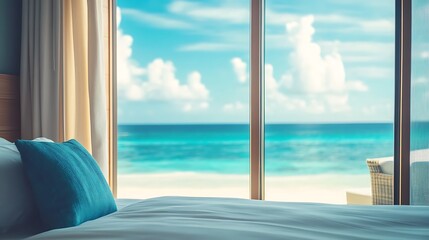 Fototapeta premium Bed with ocean view, curtains.