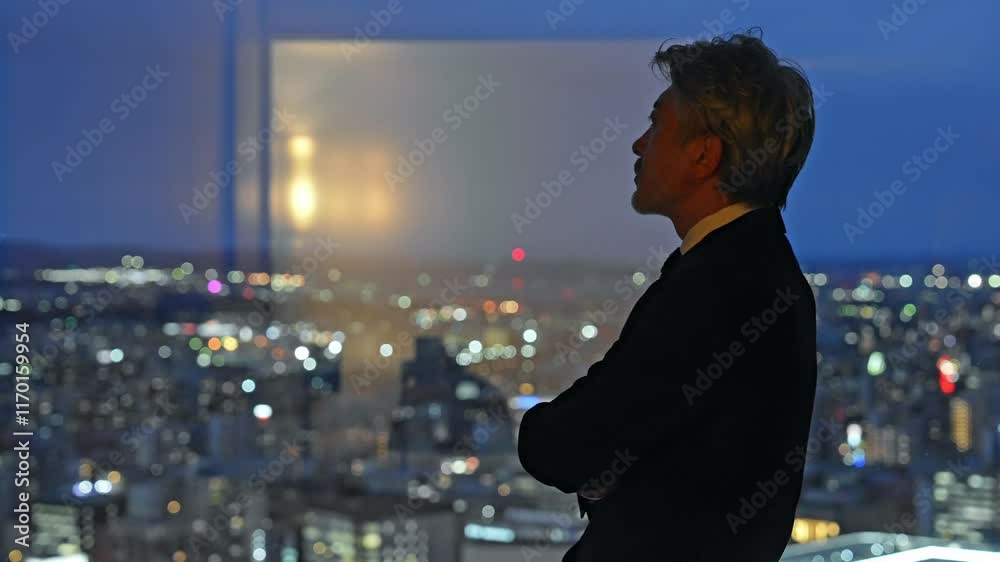 Poster ビジネスパーソン、社長、経営者、夜景、都市、考える、疑問、不安、心配、経営、マネジメント、ホテル、オフィス、ラウンジ、ロビー、展望、人材、シニア、中高年、ミドルエイジ、エグゼクティブ、人手不足、事業承継、悩む、悩み、困る、不満、トラブル、問題、課題、憂鬱、落ち込む、ストレス、がっかり、残念、緊張、暗い、シリアス、社会、イライラ、男性、日本人、ビジネスマン、仕事、働く、残業、投資家、不景気、経済、人