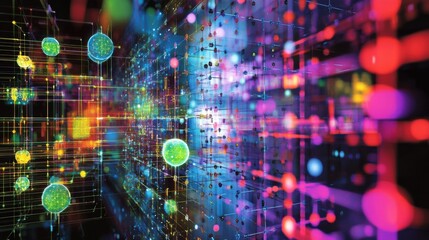 Obraz premium A vibrant scene of quantum machine learning processes, with algorithmic models displayed alongside a quantum processor