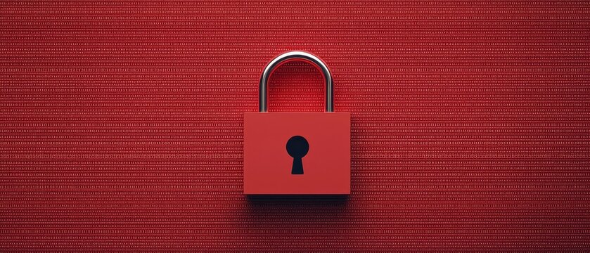 A red padlock with a keyhole sits centered on a textured red background, symbolizing security and protection.