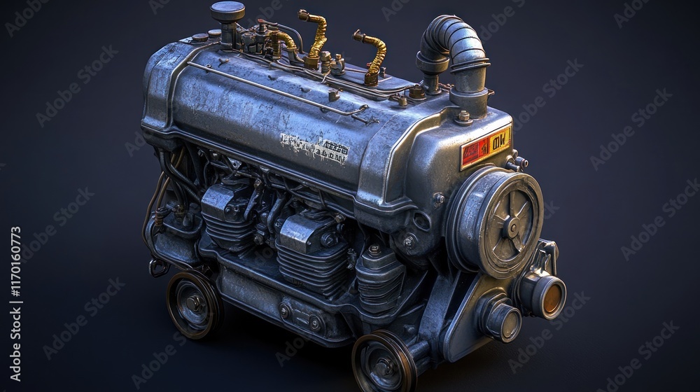Poster a detailed metallic engine showcasing industrial design and mechanical components.