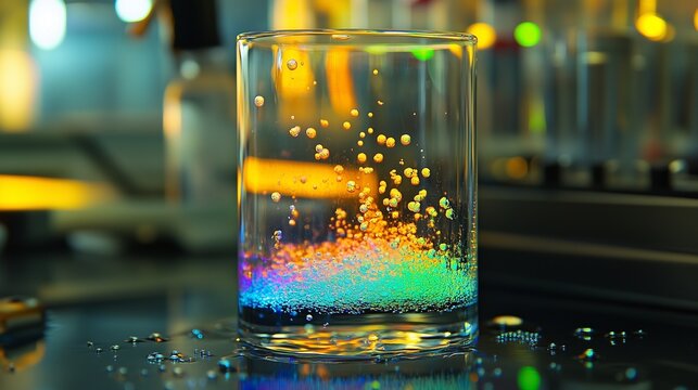 A dynamic capture of solubility equilibrium with glowing ions in a saturated solution.