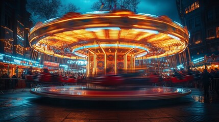 Illuminated Carousel Spinning at Night Cityscape