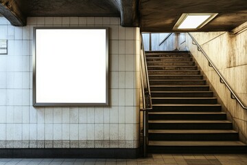 Blank billboard on subway wall next to stairs.