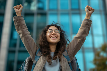 Excited university student celebrating successful exam results or graduation, feeling empowered and ready for future challenges