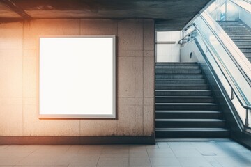 Blank billboard on subway wall near stairs. (7)