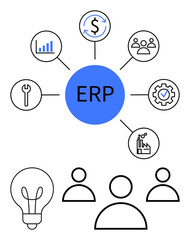 Central ERP hub linking finance, analytics, teamwork, process management, production, tools, and ideas. Ideal for business planning, organization efficiency workflow strategy management abstract