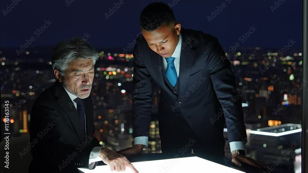 Poster ビジネス、会議、ミーティング、グローバル、打ち合わせ、夜景、シリアス、クール、画面、経営者、指導、指示、戦略、マネジメント、ミドルエイジ、社長、上司、部下、かっこいい、外国人、黒人、日本人、秘密、機密、情報、暗い、ダーク、エージェント、スパイ、スクリーン、ディスプレイ、英会話、仕事、オフィス、テクノロジー、DX、未来、経営、企業、人材、プロフェッショナル、チームワーク、スーツ、ビジネスマン、ビジネ
