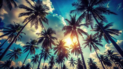 Vintage travel photo: sun-kissed palms silhouette against a breathtaking blue sky.