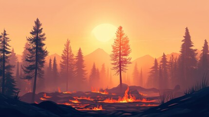 Climate change and wildfires visualized with burning trees and a parched forest floor under a hazy, sunlit sky