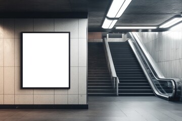 Blank billboard on subway wall near escalator and stairs.