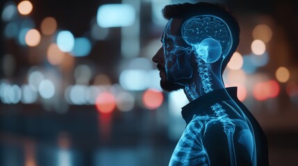 Naklejka premium Man on blurred background using digital x-ray human body holographic scan projection3D rendering