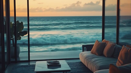 Fototapeta premium Coastal view from luxurious living room at sunset.
