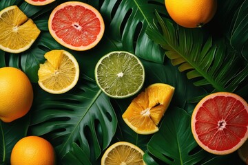 A vibrant assortment of citrus fruits, including oranges, lemons, and grapefruit, displayed on a bed of lush green leaves.
