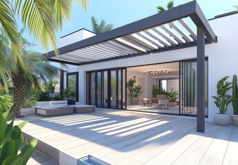 a modern, minimalistic black-and-white outdoor wooden deck with stylish furniture