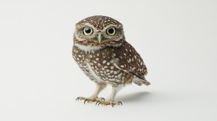 Obraz premium A beautifully patterned owl with light and dark plumage standing out on a white backdrop
