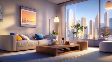 Fototapeta premium A contemporary apartment living room with a neutral color palette, stylish decor, and warm natural lighting.