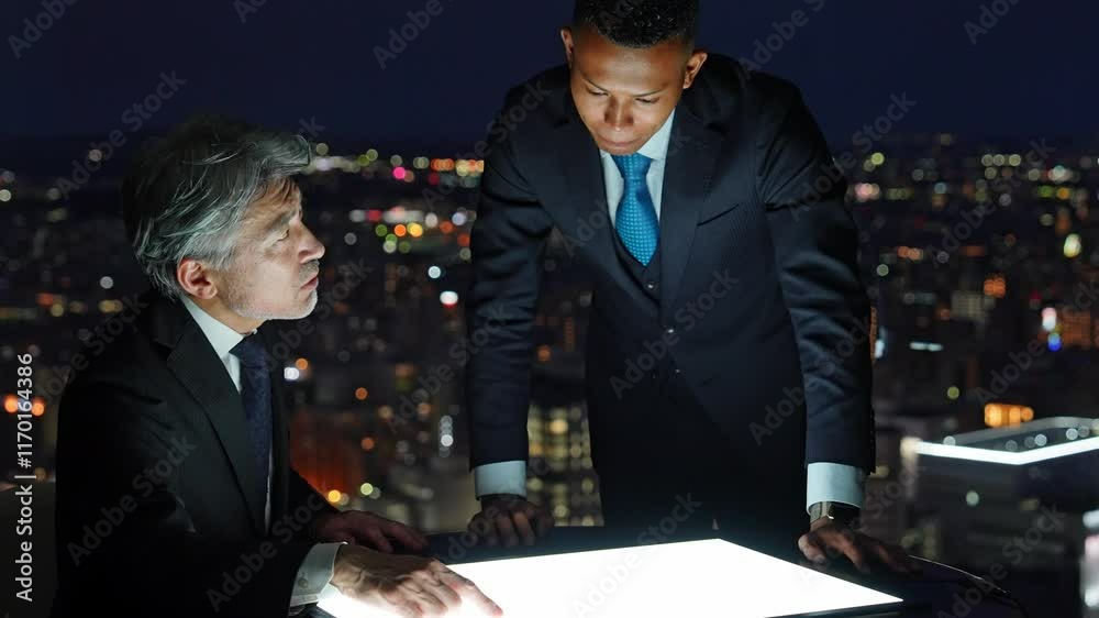 Aufkleber ビジネス、相談、夜景、シリアス、ビジネスパーソン、ビジネスマン、会議、ミーティング、戦略、経営、打ち合わせ、アドバイザー、コンサルタント、コンサルティング、社長、経営者、上司、部下、マネジメント、企業、人材、指導、仕事、シニア、ミドルエイジ、中高年、日本人、男性、外国人、黒人、グローバル、国際、英会話、チームワーク、グループ、仕事、展望、クール、暗い、ダーク、画面、作戦、計画、秘密、エージェント、