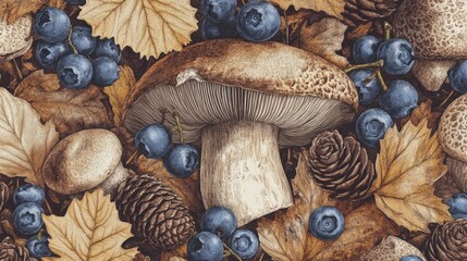 Autumn themed background with mushrooms, blueberries, leaves, and pine cones.