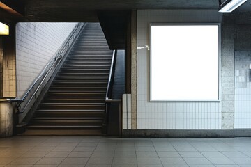 Fototapeta premium Blank billboard on subway station wall next to stairs. (2)