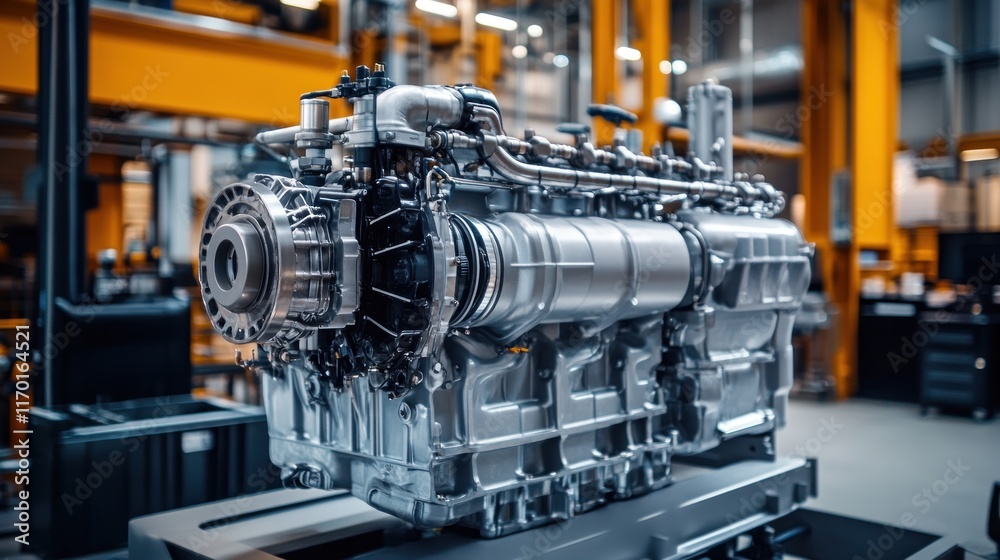 Poster a detailed view of a modern engine assembly in an industrial setting.
