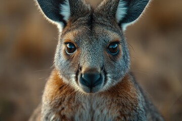 Fototapeta premium Close-up of a wild wallaby face, intricate details of its fur and alert expression, set against a blurred natural background