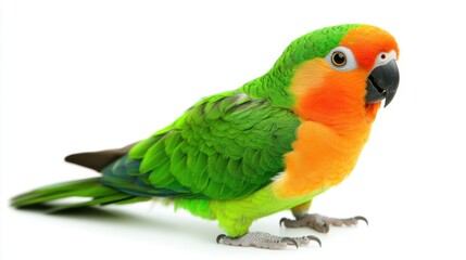 A bright green conure parrot with orange highlights, isolated on a seamless white backdrop