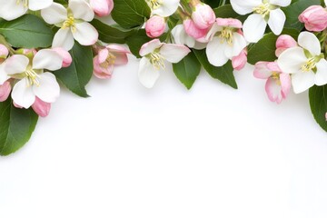Obraz premium Pink and white apple blossoms border on white background.