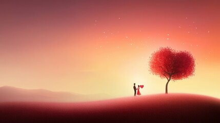 A romantic outdoor scene with a couple holding a Valentines card under a tree.
