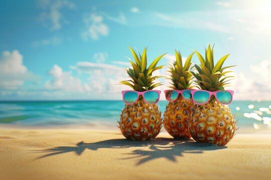 Funny pineapple family in sunglasses on tropical beach vacation.
