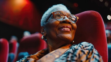 Elderly woman with glasses enjoying a film, seated comfortably in the back row of an auditorium.