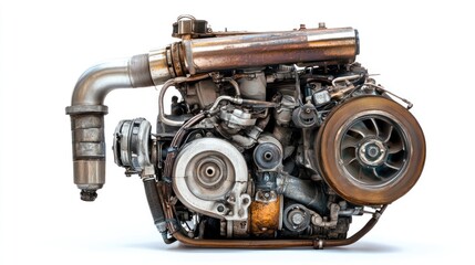 A detailed view of a turbocharged automotive engine showcasing its components.