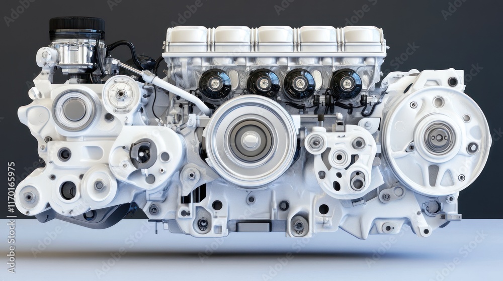 Poster a detailed view of a white engine showcasing its components and design.