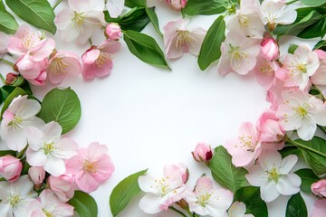 Obraz premium Pink and white blossoms frame on white.